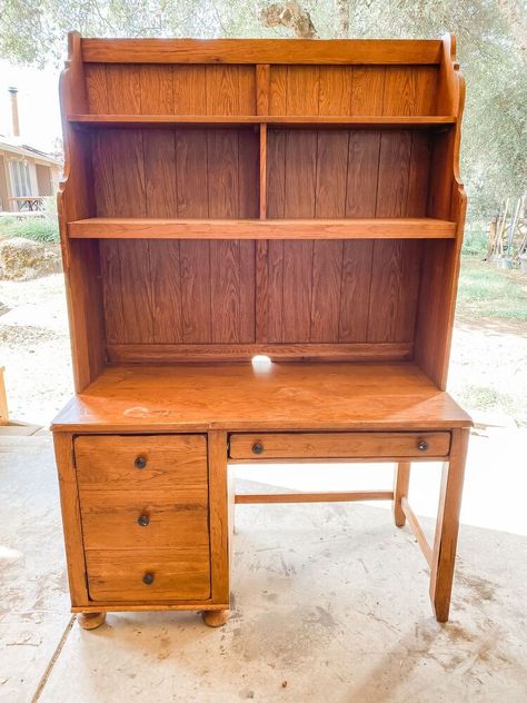 It’s amazing what you could do with a little creativity and a piece of old furniture. Hutch Top Repurposed Ideas, Halloween Yard Ideas, Contact Paper Ideas, Dresser Makeover Ideas, Repurposed Hutch, Refinished Desk, Refurbished Desk, Repurposed Desk, Hutch Styling