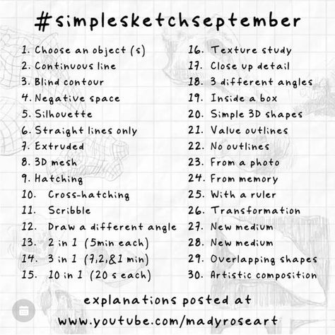 Line Art Challenge, Simple Art Prompts, September Art Challenge 2024, September Drawing Challenge 2024, Fall Drawing Challenge, Blob Drawing Challenge, Sketch Challenge For Beginners, Background Art Challenge, September Sketchbook Ideas