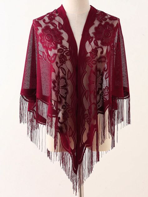 1pc Women's Hollow Out Fringe Design Lace Party Shawl Scarf BohoI discovered amazing products on SHEIN.com, come check them out! Bridesmaid Shawl Fall Burgundy, Maroon Bridesmaid Dresses With Shawl, Velvet Shawl Wedding Red, Lace Shrug, Head Wraps For Women, Triangle Shawls, Tassel Scarf, Triangle Scarf, Lace Scarf