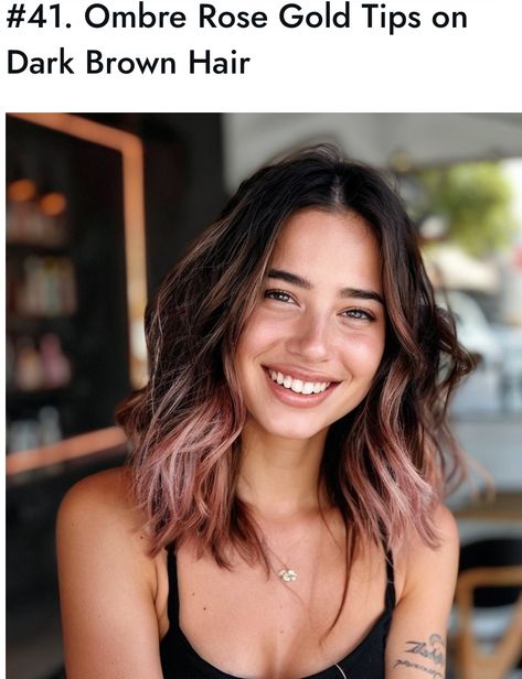 Dark Brown To Rose Gold Ombre, Dark Brown Hair Rose Gold Balayage, Pink Balayage Medium Hair, Fashion Color Money Piece, Rose Brown Ombre Hair, Dark Brown Rose Gold Hair, Brunette Pink Ombre, Short Hair With Colored Tips, Small Peekaboo Hair Color