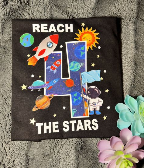 Reach Four The Stars Boy Birthday, 4th Birthday Party For Boys Theme, 4th Birthday Party For Boys, Sublimation Vinyl, Rocket Ships, Star Birthday Party, Aloha Party, The Stars, Outer Space Birthday