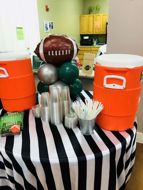 Football Treat Table Ideas, Football Theme Work Party, End Of Year Football Party Ideas, Baseball Football Basketball Party, Football Birthday Centerpiece Ideas, Football High School Graduation Party, Football Party Drink Station, Sports Party Table Decor, Fall Football Themed Event