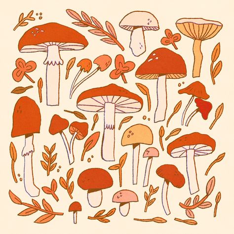 Playful Illustrations by Jessica Elena ���🌻 (@byjessicaelena) • Instagram photos and videos Cute Drawing Patterns, October Homescreen, Art Date Ideas, Mushroom Artwork, Fungi Illustration, Sunshine Cards, Poster Square, Sending Sunshine, Cute Mushrooms