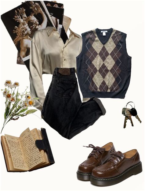 Sweater Vest outfit ideas | Black Sweater Vest Outfit, Sweater Vest Outfit Ideas, Outfit With Vest, How To Style A Sweater Vest, Vest Outfit Ideas, 6th Form Outfits, Sweater Vest Outfit, Autumnal Colours, Dark Academia Outfit