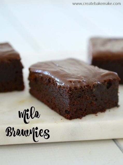 Milo Brownies Recipe - Create Bake Make Milo Recipe, Brownies Recipe, Chocolate Icing, Slices Recipes, Thermomix Recipes, Baking Tins, Food Cakes, Brownie Recipes, Muffin Recipes