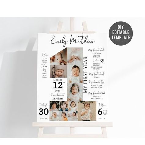 First Birthday Milestone Board, Editable Collage Template, Photo Collage Printable First Birthday Milestone Board, Year Board, Baby First Year, Wedding Photo Collage, First Birthday Milestone, Birthday Milestone Board, First Birthday Posters, Collage Foto, Milestone Board