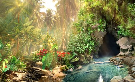 Distant Shores - Cave Entrance Cave Entrance, Story Starters, Digital Storytelling, Caribbean Islands, Childrens Illustrations, Digital Background, Anime Background, Phone Backgrounds, Landscape Art