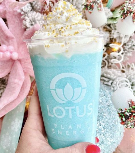 We’re ringing in colder weather with a delicious blend of Blue Lotus, Lotus Super Cream, Toasted Marshmallow and Blue Raspberry topped with a pillow of marshmallow whipped cream and sprinkles! Lotus Energy Drink Ideas, Lotus Drink Flavors, Lotus Drink Ideas, Lotus Drinks, Marshmallow Whipped Cream, Lotus Recipe, Lotus Energy, Energy Drink Recipe, Layered Drinks