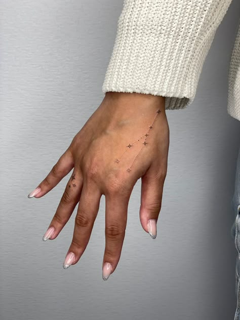 Taurus Constellation Tattoo Hand Tattoos For Women Constellation, Virgo Star Constellation Tattoo Hand, Capricorn Constellation Hand Tattoo, Fine Line Taurus Constellation Tattoo, Constellation Wrist Tattoo, Virgo Constellation Tattoo Hand, May Constellation Tattoo, Taurus Tattoo Hand, Gemini Constellation Tattoo Hand