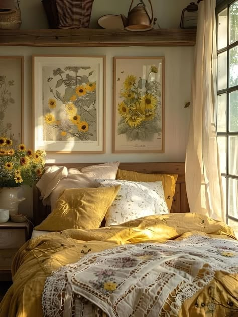 Centered Bed In Small Room, Cottagecore Bedroom Furniture, Cottage Core Pillows, Farmcore Bedroom, Cottagecore Bedspread, Slanted Walls Bedroom Ideas, Simple Cozy Bedroom, Cottagecore Rooms, Bedroom Ideas Cottagecore