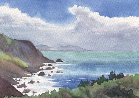 Watercolor Sea Landscape, Seascape Paintings Watercolor, Ramapo College, Watercolor Shoreline, Ocean Watercolor Painting, Watercolor Cliff, California Coast Watercolor, Cliff Watercolor, Ocean Mountain Watercolor