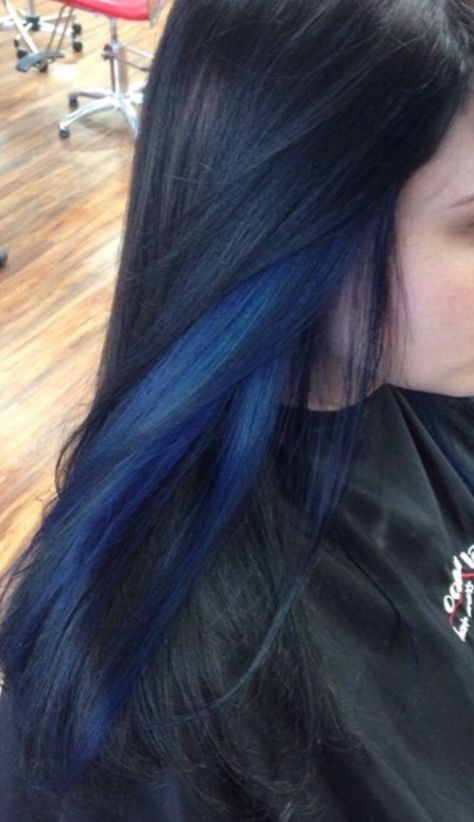 Black Hair With Blue Peekaboos, Blue Underlights, Blue Hair And Black, Half Black Half Blue Hair Underneath, Blue Highlights In Brown Hair Straight, Dark Blue Hair Ombre, Royal Blue Peekaboo Hair, Black And Blue Hair Underneath, Blue Chunky Highlights In Black Hair