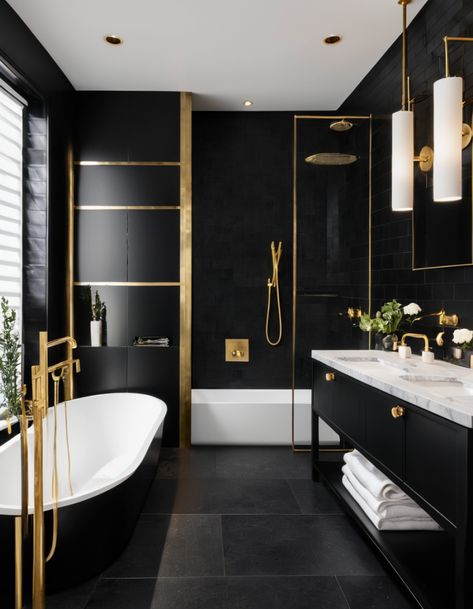 44 Bathroom Remodel Ideas 2025: Luxury Designs and Color Trends Bathrooms With Black Tile, Bathroom Ideas Gold Fixtures, Bathroom With Black Ceiling, Black Marble Bathroom Ideas, All Black Bathroom Ideas, Luxury Bathroom Remodel, Black White And Gold Bathroom, Dark Modern Bathroom, Small Dark Bathroom