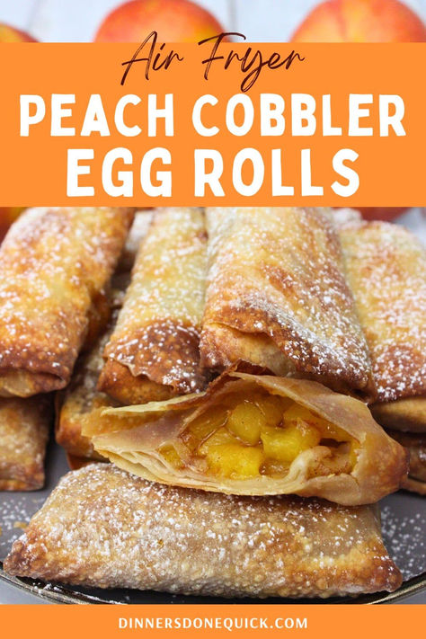 Your dessert game leveled up with these Air Fryer Peach Cobbler Egg Rolls. Combining the classic flavors of peach cobbler with the crispiness of egg rolls, this recipe is a delightful twist on traditional desserts. Perfect for a quick snack or a fancy dessert, these egg rolls are filled with sweet peach filling and air-fried to golden perfection. Follow our step-by-step guide to impress your family and friends with this unique, tasty treat! #PeachCobbler #AirFryerRecipes #EggRolls #DessertIdeas Peach Pie Egg Rolls, Peach Cobbler Egg Rolls Air Fryer, Peach Cobbler Egg Rolls Easy Recipes, Egg Roll Wrapper Recipes Dessert Air Fryer, Peach Egg Rolls Easy Recipes, Air Fryer Egg Rolls Recipe, Egg Roll Recipes Air Fryer, Air Fryer Peach Cobbler, Recipes Using Egg Roll Wrappers