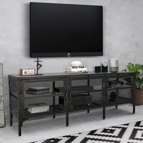 Amazon.com: IKAYAA Metal TV Stand for 65 inch TV Industrial TV Console Table Television Stands with Mesh Door Entertainment Center with Adjustable Feet for Living Room Bedroom Frosted Black : Home & Kitchen Black Metal Tv Stand, Metal Tv Table, Tv Stand Metal, Industrial Tv Console, Industrial Entertainment Center, Shelves Around Tv, 65 Inch Tv, Metal Tv Stand, Ikea Tv