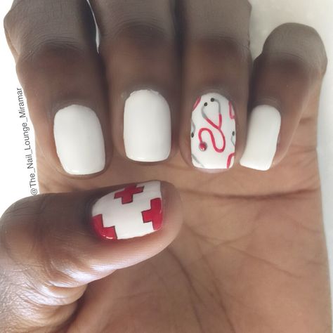 Dr. / nurse nail art design Nails Nurse Design, Nurse Design Nails, Nurse Nails Designs, Nurse Grad Nails, Nursing Graduation Nail Designs, Doctor Nails Design, Nursing Graduation Nails, Nurse Graduation Nails, Nursing Nails Designs