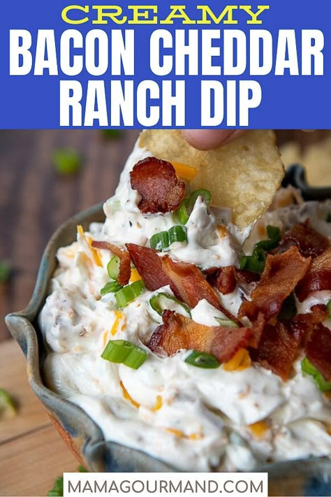 Easy Creamy Bacon Dip recipe combines crispy bacon, sour cream, cream cheese, cheddar cheese, and Hidden Valley Ranch Dressing mix for a quick cheesy appetizer! Serve bacon cheddar ranch dip hot or cold for a game day or holiday dip. #bacondip #cold #hot #creamcheese #easy Bacon Cheddar Ranch Dip, Chorizo Bites, Cheddar Ranch Dip, Creamy Green Bean Casserole, Bacon Dip Recipes, Cheesy Bacon Dip, Bacon Ranch Dip, Bacon Cheese Dips, Perfect Roast Turkey