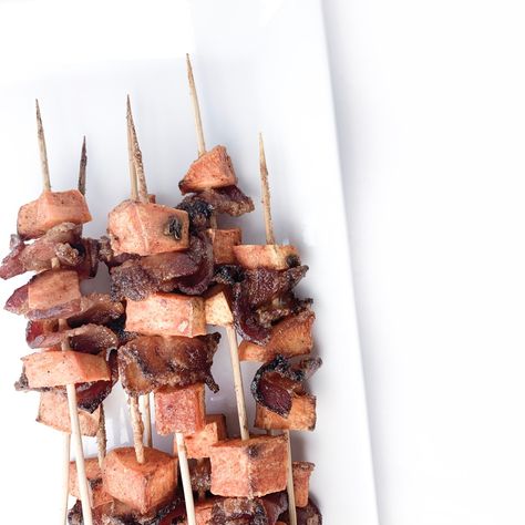 SWEET POTATO BACON SKEWERS Bacon Skewers, Skewers Recipes, Sweet Potato Bacon, Potato Bacon, Cook Out, Summer Cookout, Skewer Recipes, Summer Cookouts, Easy Side Dish