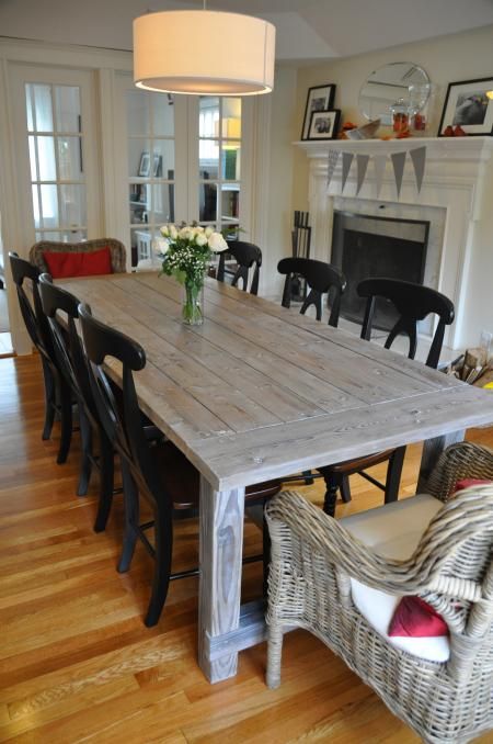 Get this weathered finish- Blogger wrote "We used Vinegar and Steel Wool Solution (soak steel wool for 24 hours in vinegar and be sure to test on a sample) to "age" the wood. Tung oil over t... White Farmhouse Table, Farmhouse Table Plans, Farmhouse Kitchen Tables, Diy Farmhouse Table, Diy Dining, Farmhouse Dining Table, Farmhouse Dining Room, Table Plans, Farmhouse Dining