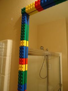 Duplo used here, I'm not sure about it here but it might work with a smaller mirror.  (It could use a second round to be a little wider border is all...) Lego Bathroom Ideas, Lego Bathroom, Kids Picture Frames, Lego Bedroom, Lego Decorations, Mirrors Bathroom, Boy Frame, Boy Bath, Framed Mirrors