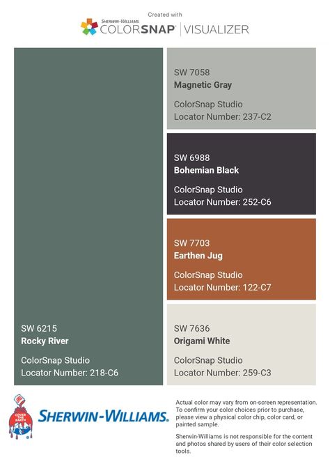 Mid Century Modern Paint Colors Sherwin Williams, Sherwin Williams Mid Century Colors, Rocky River Sherwin Williams Exterior, Seattle Color Palette, Rocky River Sherwin Williams Cabinets, Rocky River Sherwin Williams, Sherwin Williams Rocky River, Rustic Paint Colors Schemes, Sherwin Williams Whole House Palette