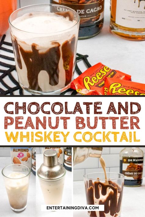 Made with Skrewball peanut butter whiskey and Godiva chocolate liqueur (or Creme de Cacao), this peanut butter whiskey cocktail tastes just like a Reese's peanut butter cup in liquid form. Perfect for any fall or winter get-together! Peanut Butter Cocktail, Butter Cocktail, Peanut Butter Whiskey, Reese's Peanut Butter Cup, Whiskey Recipes, Creamy Cocktails, Jello Shot, Party Cocktails, Whiskey Cocktail