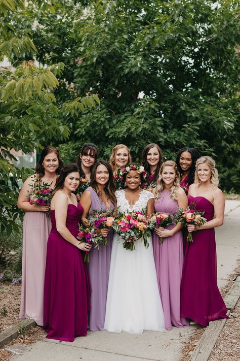 Pink Purple And Burgundy Wedding, Lilac And Pink Bridesmaid Dresses, Red Purple Bridesmaid Dresses, Purple Pink Bridesmaid Dresses, Dark Purple And Pink Wedding, Pink And Purple Bridesmaids, Purple And Pink Bridesmaid Dresses, Fushia Bridesmaids, Groomsmen Aesthetic