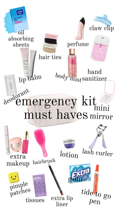 emergency kit must haves!! #beauty #emergencykit #musthaves #makeup #school #backtoscool Tips For 6th Grade, Middle School Essentials, School Emergency Kit, School Backpack Essentials, Preppy School Supplies, When School Starts, School Must Haves, School Bag Essentials, School Kit