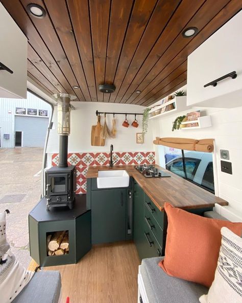 Hobbit small wood burning stove installed in a campervan Diy Van Interior, Rv Wood Stove, Hobbit Stove, Small Wood Burning Stove, Small Camper Vans, Small Wood Stove, Diy Van Conversions, Stove Installation, Wood Burners