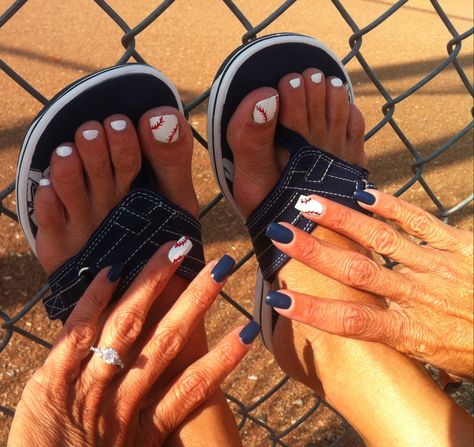 Baseball Pedicure Ideas, Baseball Gel Nails, Baseball Toe Nail Designs, Baseball Nail Ideas, Baseball Mom Nails, Baseball Toenails, Baseball Pedicure, Baseball Nails Design Mom, Baseball Themed Nails