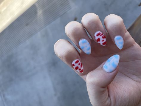 trendy cow nails with a twist for 4th of July 4th Of July Cow Print Nails, Red White And Blue Cow Print Nails, Blue Cow Nails, Blue Nails With Cow Print, Blue Cow Print Nail Ideas, Cow Print Nails Blue, Cow Nails, Fourth Of July Nails, July Nails