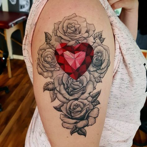 Ruby Heart Tattoo, Heart Jewel Tattoo, Heart Diamond Tattoo, Heart And Rose Tattoo, Diamond Heart Tattoo, Tattoo Diamond, Rose Heart Tattoo, Diamond Tattoo Designs, Rose Tattoo Meaning