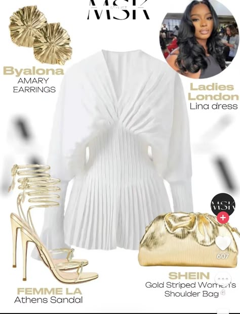 White Dress And Gold Accessories, Engagement Outfits Black Women, White And Gold Outfits Black Women, White Brunch Outfit Black Women, 25th Birthday Outfit Ideas Classy, White Birthday Outfits Black Women, All White Party Outfits Baddie, All White Outfit Party Night Classy, Birthday Dinner Guest Outfit