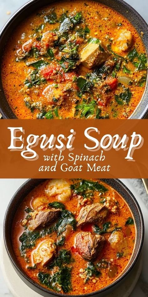 Discover the rich, savory flavors of Egusi Soup with Spinach and Goat Meat, a traditional West African dish full of texture and taste! This hearty soup is made with ground melon seeds, tender goat meat, and fresh spinach, creating a delicious, comforting meal perfect for any occasion. 🌍🍽️ Click for the recipe and Pin it to bring new flavors to your table! #EgusiSoup #WestAfricanFood #GoatMeatRecipes #AfricanCuisine #ComfortFood #HealthyEating #SpinachRecipes #TraditionalRecipes Egusi Soup Recipes, Egusi Soup, African Stew, Soup With Spinach, Melon Seeds, West African Food, Africa Food, Fall Soup Recipes, Goat Meat