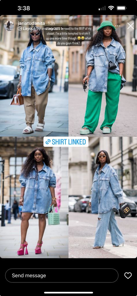 Oversized Denim Dress Outfit, Oversized Jean Button Up Shirt Outfit, September 2024 Fashion Trends, Long Jean Shirt Outfit, Denim Over Denim Outfit, Oversized Denim Shirt Outfit, Denim Shirt Outfits, Jean Shirt Outfits, Denim Shirt Outfit