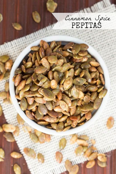 Cinnamon Spice Pepitas - an easy and healthy snack! Combine a few ingredients and roast for 5 minutes and you have a snack ready in less than 10 minutes! Paleo Fall Recipes, Pumpkin Seed Recipes, Roasted Pumpkin Seeds, Crunchy Snack, Autoimmune Protocol, Roast Pumpkin, Nuts And Seeds, Cinnamon Spice, All About Food