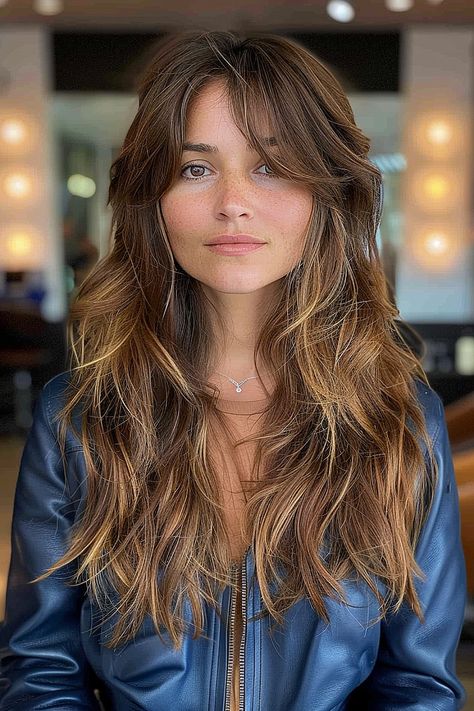 Must-Try Shag Haircuts and Hairstyles in 2024 Long Shag Haircut Balayage, Women Shaggy Haircut, Wolf Cut With Balayage, Slight Shag Haircut, Lions Mane Haircut Women, Long Shag Round Face, Long Shag Cut With Curtain Bangs, Shag Vs Wolf Cut, Disconnected Layers Long Hair