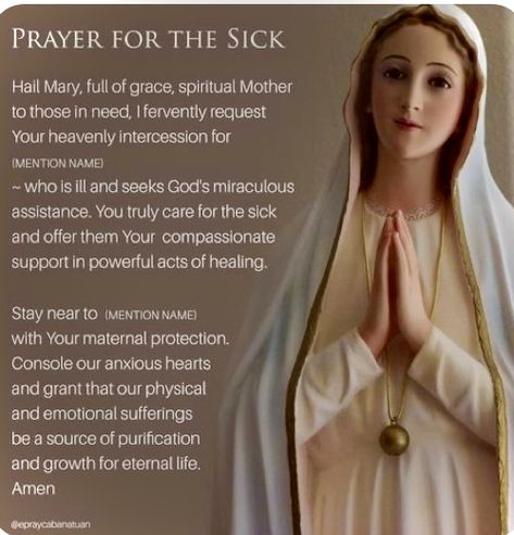 Healing Prayer For My Sick Mother, Prayers For Sick Mother, Mother Mary Prayers, Prayers To Saints, Prayer For The Sick Healing, Healing Prayer For Sick Family Member, Hail Mary Prayer Catholic, Mother Mary Prayer, Mother Teresa Prayer