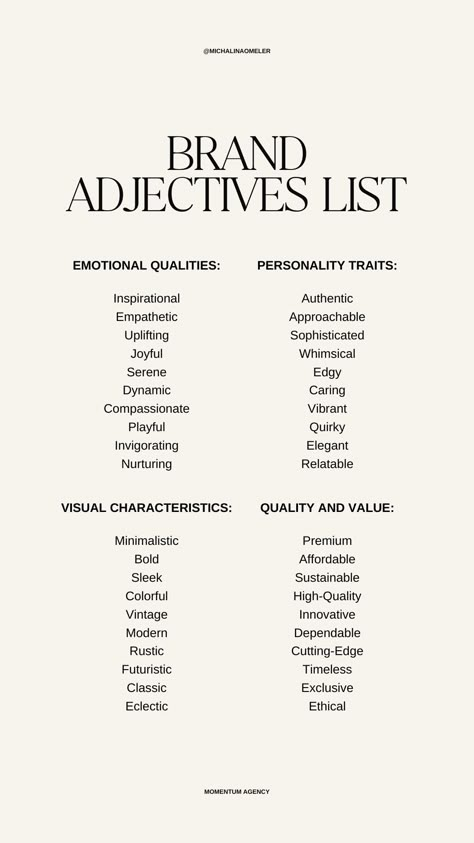 Unlock your brand's personality with these adjective lists!  Discover your brand's unique voice.  #BrandPersonality #Branding #MarketingTips #Adjectives #BrandStrategy Creating Your Own Brand, Creating A Brand For Yourself, Branding Examples Inspiration, Brand Adjectives List, Words To Describe Your Brand, Professional Personal Branding, Fashion Brand Marketing Strategy, Brand Personality Adjectives, Brand Building Aesthetic