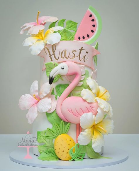 Tropical Cake with Flamingo, Hibiscus Flowers, Watermelon and Pineapple - @maniacakeboutique Tropical Birthday Cake, Flamingo Birthday Cake, Fruit Birthday Party, Flamingo Cake, Cinderella Cake, Fruit Birthday, Flamingo Birthday Party, Homemade Birthday Cakes, Creative Cake Decorating