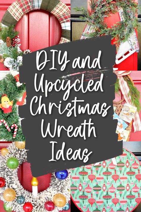 If an upcycled wreath is on your Christmas crafting To-Do list this year, perhaps one of these ideas will spark your creativity! From thrift store finds to all things upcycled and repurposed, these door decorations are festive and unique. Alternative Christmas Wreath Ideas, Uses For Ribbon Scraps, Diy Door Christmas Decorations, Upcycled Wreath Ideas, Christmas Repurpose Ideas, I’ll Be Home For Christmas, Unique Wreaths Christmas, Upcycle Christmas Decorations, Upcycled Christmas Decorations