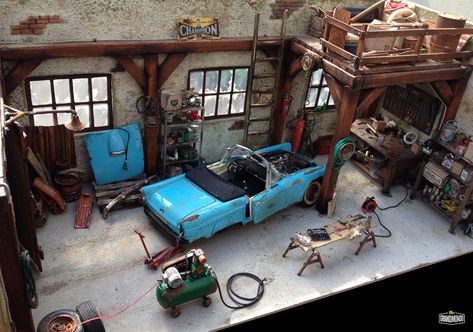 Barn Garage Ford Thunderbird Convertible 1955 on Behance 1957 Ford Thunderbird, Ford Thunderbird Convertible, Thunderbird Convertible, Toy Model Cars, Scale Model Cars, Miniature Diorama, Train Miniature, Cars Racing, Barn Garage