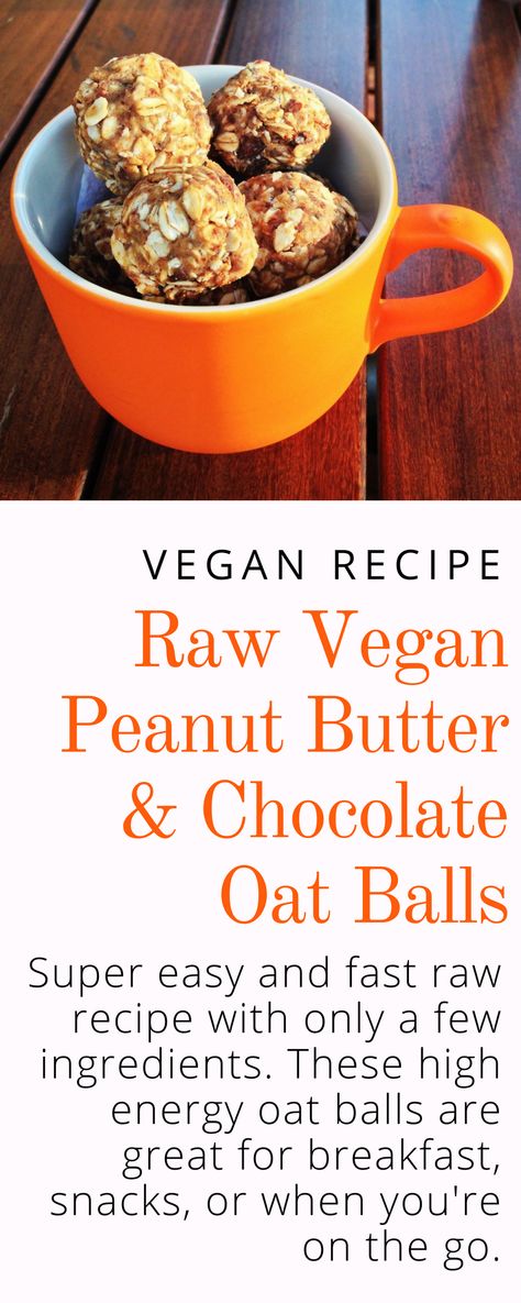 These raw, vegan, peanut butter and chocolate oatmeal balls are a fast and easy to make. They're great as an afternoon pick-me-up, a healthy snack when the munchies hit, or anytime you have a craving for chocolate and peanut butter. The best thing is that they're guilt-free because they're packed full of protein, fiber, manganese, vitamin B1, and omega 3. Chocolate Oatmeal Balls, Chocolate Oat Balls, Healthy Balls, Raw Balls, Oat Balls, Oatmeal Balls, Fat Bomb Recipes, Raw Peanuts, The Munchies