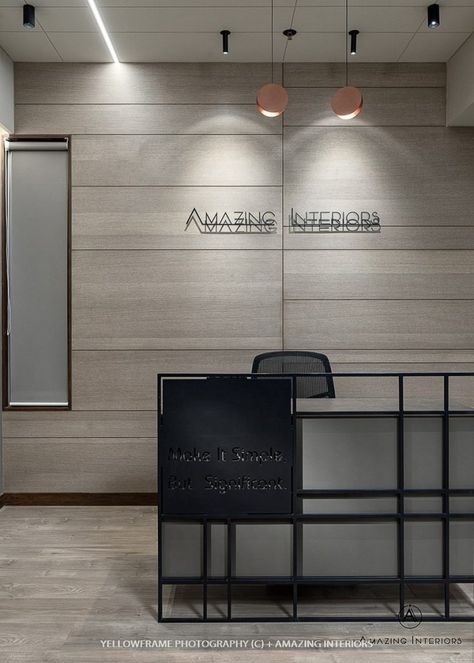 Workspace with a Timeless Appeal | Amazing interiors - The Architects Diary Industrial Reception Desk, Office Reception Table Design, Corporate Office Furniture, Reception Table Design, Personal Office, Amazing Interiors, Industrial Office Design, The Architects Diary, Office Table Design