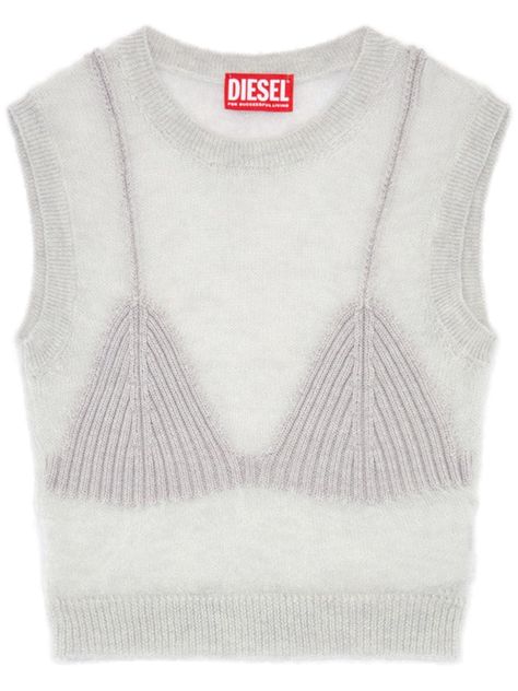 light grey mohair blend knitted construction ribbed trim crew neck sleeveless cropped straight hem Knitted Lace Top, Knit Top Aesthetic, Unique Knitwear, City Dress, Knit Tank Top, Knit Tops, Dolce E Gabbana, Knitwear Design, Summer Beach Wear