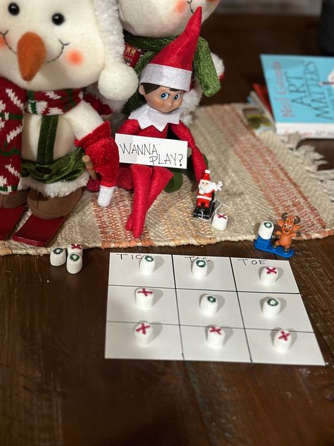 Easy elf on the shelf idea Elf Tic Tac Toe, Elf On The Shelf Tic Tac Toe, Elf Sack Race, Christmas Tic Tac Toe, Elf On The Shelf Toasting Marshmallows, Elf On The Shelf Meets Tooth Fairy, Elf Kit, Elf Activities, Elf Antics