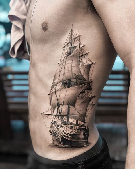 Pirate Boat Tattoo, Viking Ship Tattoo, Ship Tattoo Sleeves, Sailing Tattoo, Pirate Ship Tattoos, Nautical Tattoo Sleeve, Pirate Ship Tattoo, Tatoo 3d, Sailboat Tattoo