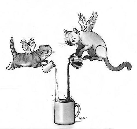 Magic Caffeine Cats by RobtheDoodler Painting Ladies, Flying Cat, Simons Cat, Kitchen Magic, Coffee Barista, Angel Cat, Cats Illustration, Liquid Gold, Dessin Adorable