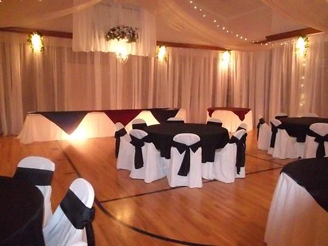 Gym Wedding Reception, Lds Wedding Reception, Lds Weddings Reception, Ash Wed, Wedding Planning Help, Wedding Diy Ideas, Hall Decorations, Black And White Wedding Theme, Wedding Hall Decorations