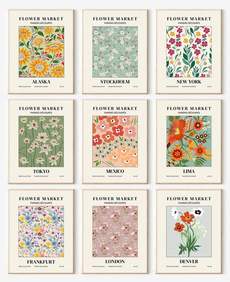 PRICES MAY VARY. 【Flower Market Wall Art Prints】 The size of the flower print is: 8x10inch (20x25cmx9pcs). Each art poster has a different flower pattern with city name on it, unique and elegant. With abstract style and neutral tones, the vintage floral gallery wall art is the best choice for Housewarming gifts or gallery decoration. 【Pefect Posters for Room Aesthetic Decor】 The nature-themed aesthetic prints with various color, can easily mix and match different home styles to create an elegant Market Poster, Dorm Wall Art, Flower Market Poster, Floral Room, Boho Room Decor, Boho Room, Mural Floral, Abstract Flower, Botanical Wall Art